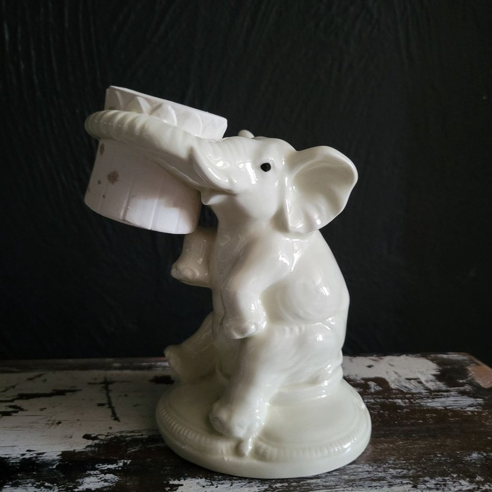 Vintage QQ Ceramic White Elephant Holding Barrel with Trunk, Elephant FIgurine